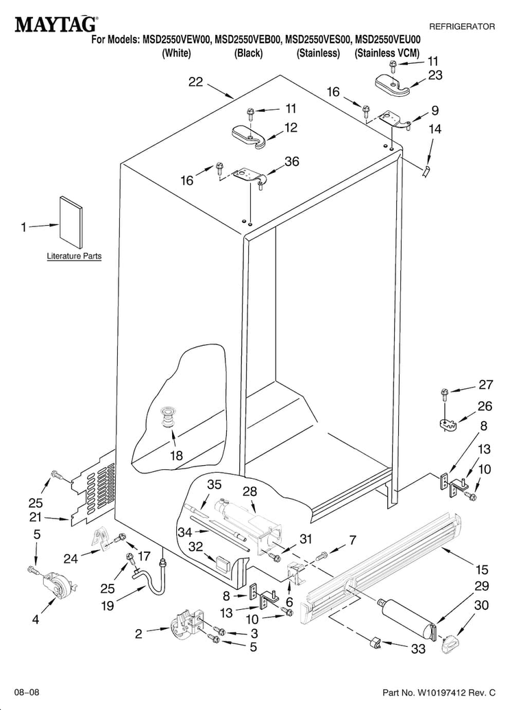 Cabinet Parts Diagram and Parts List for MSD2550VES00  Maytag Refrigerator
