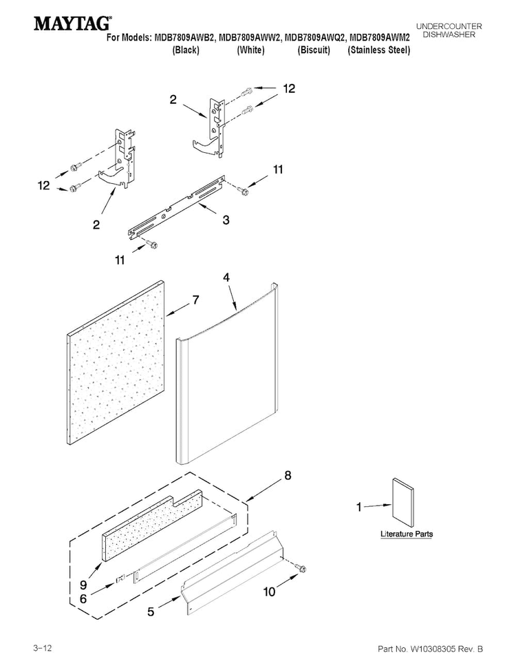 Door And Panel Parts Diagram and Parts List for MDB7809AWW2  Maytag Dishwasher
