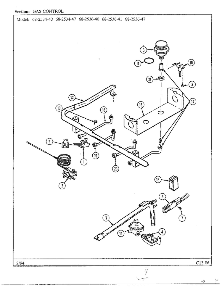 Gas Control Diagram and Parts List for 68-2534-40  Magic Chef Range