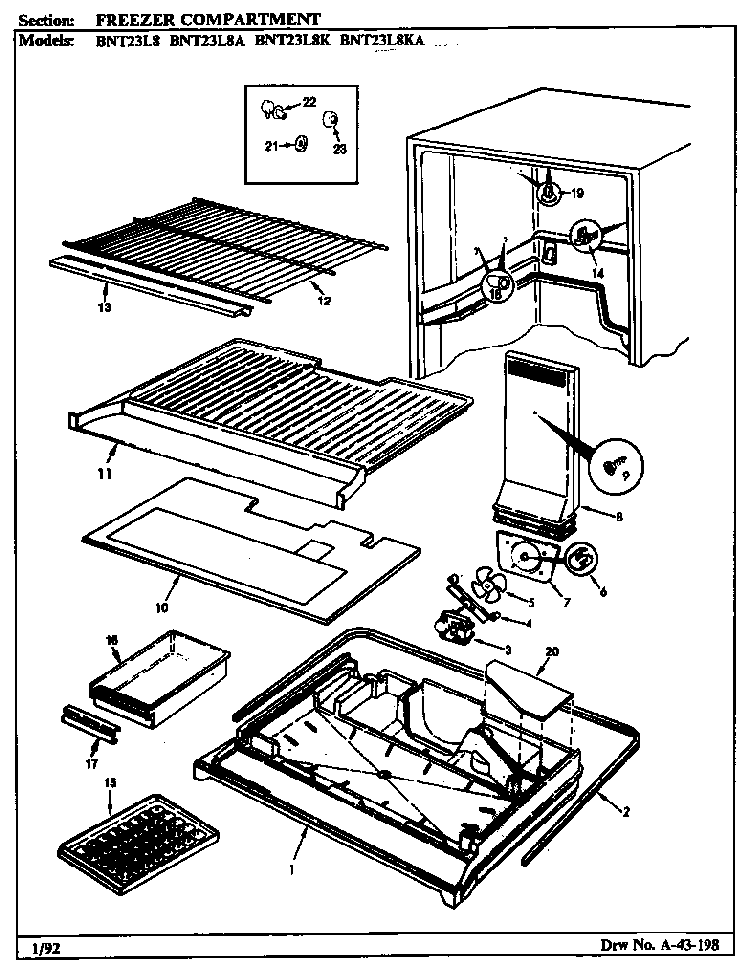 Freezer Compartment Diagram and Parts List for BNT23L8K BL91A Maytag Refrigerator