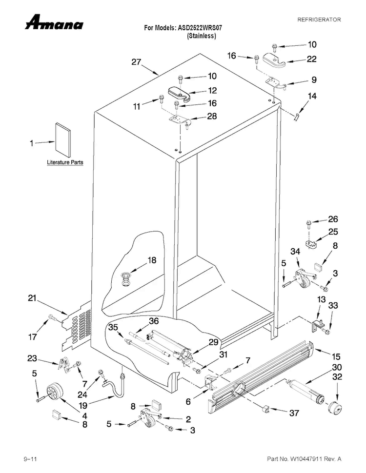 Cabinet Parts Diagram and Parts List for ASD2522WRS07  Amana Refrigerator