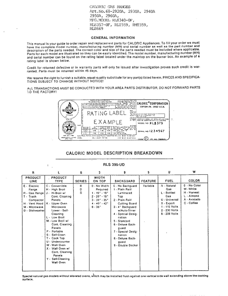 Caloric Gas Range/general Information Diagram and Parts List for 2940A  Amana Range