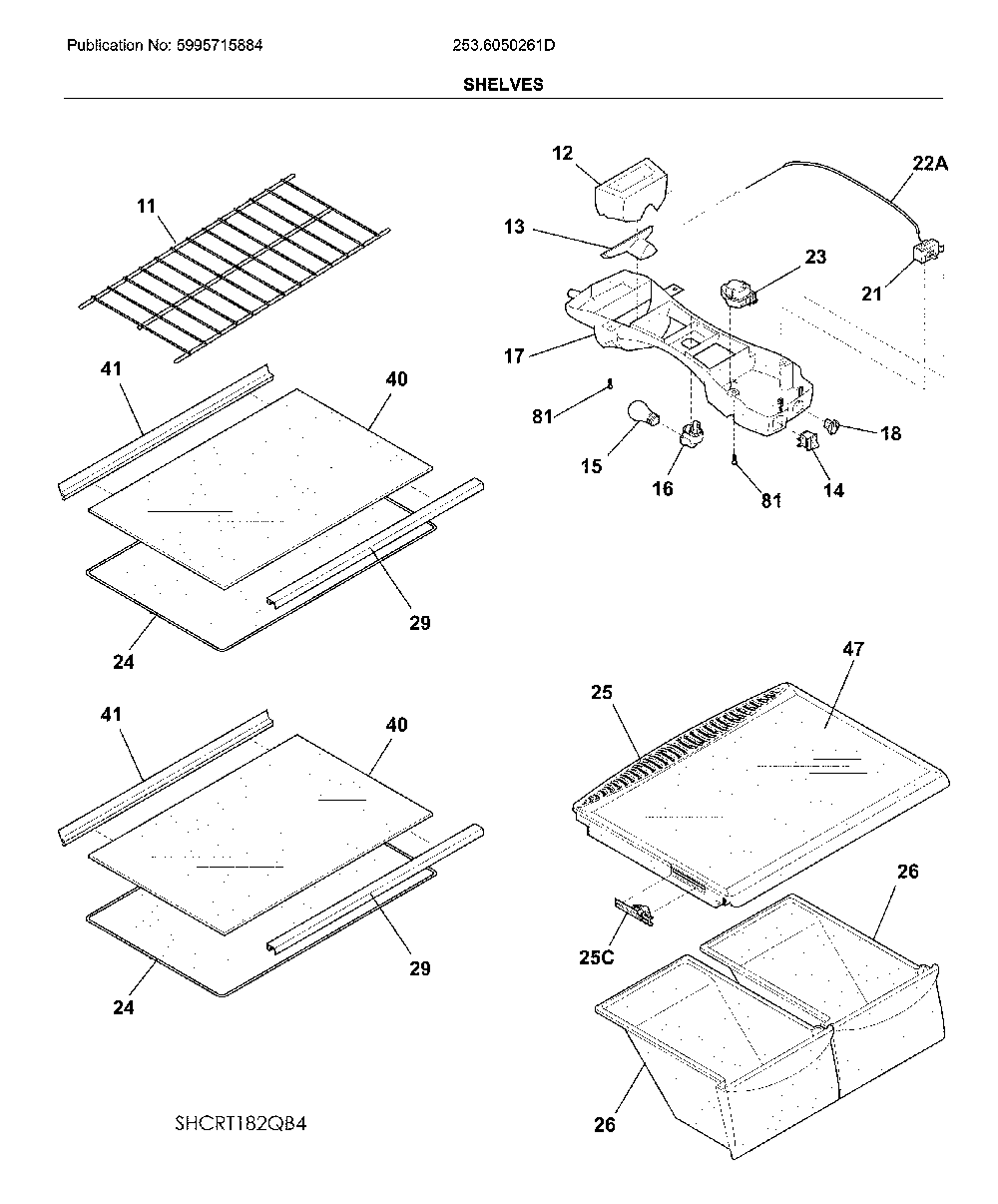 Shelves Diagram and Parts List for 2536050261D  Kenmore Refrigerator