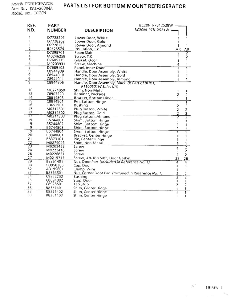 Parts List For Bottom Mount Refrigerator Page 2 Diagram and Parts List for 20804A  Amana Refrigerator
