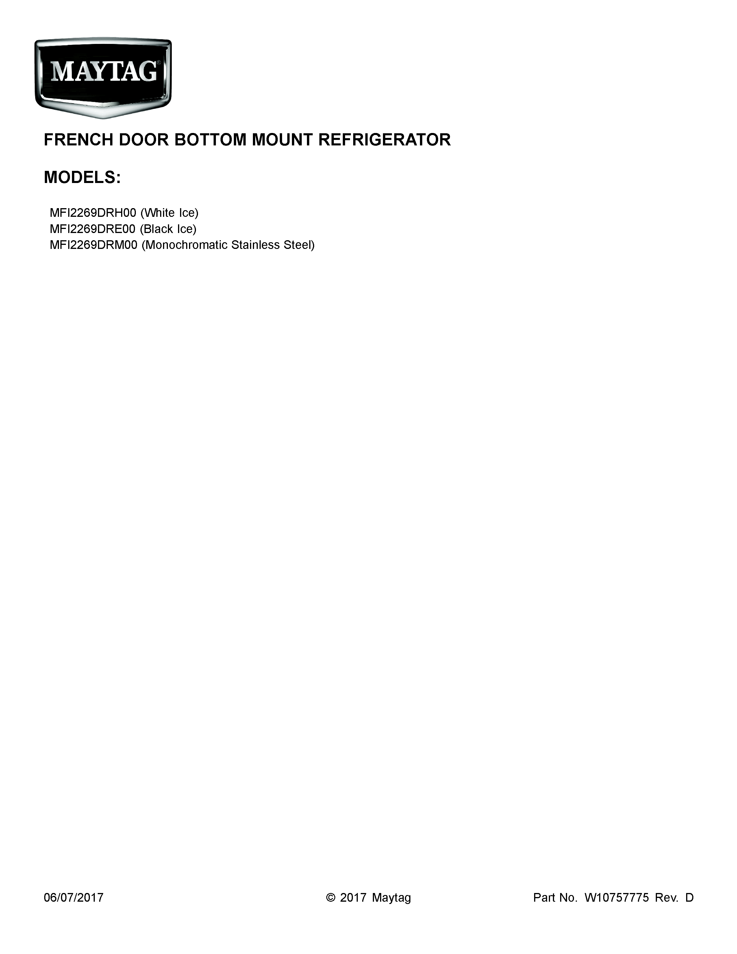 Cover Sheet Diagram and Parts List for MFI2269DRH00  Maytag Refrigerator