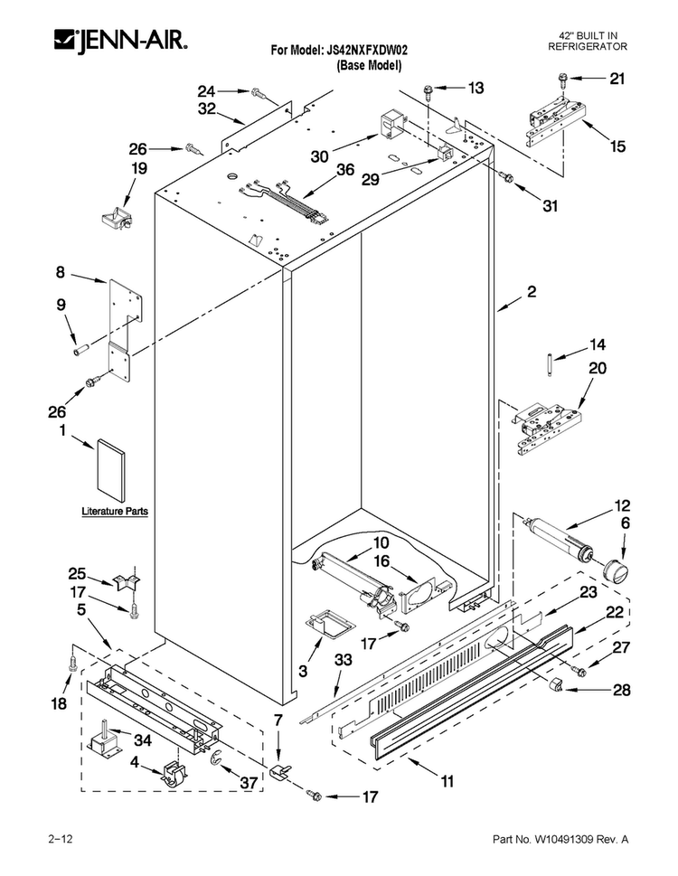 Cabinet Parts Diagram and Parts List for JS42NXFXDW02  Jenn-Air Refrigerator