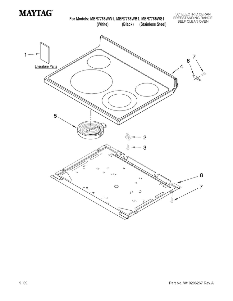 Cooktop Parts Diagram and Parts List for MER7765WS1  Maytag Range