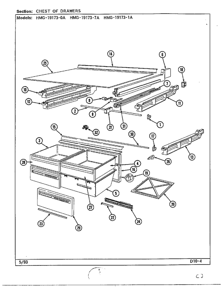 Chest Of Drawers Diagram and Parts List for 19173-0A  Admiral Refrigerator
