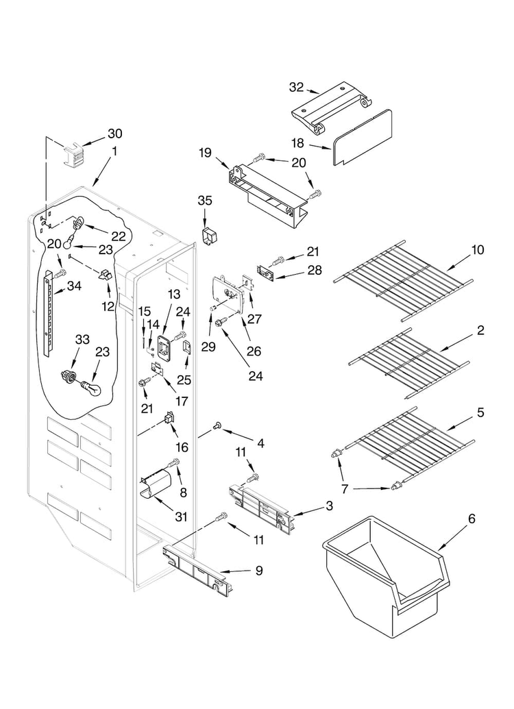 Freezer Liner Parts Diagram and Parts List for MSD2550VES00  Maytag Refrigerator