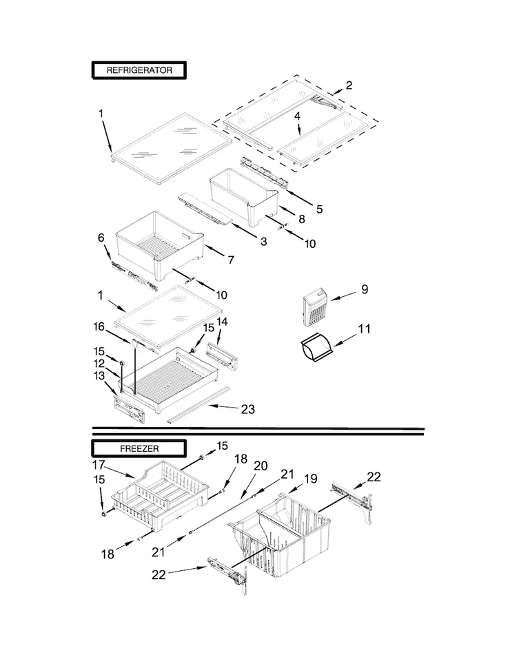 Shelf Parts Diagram and Parts List for MFW2055YEM02  Maytag Refrigerator