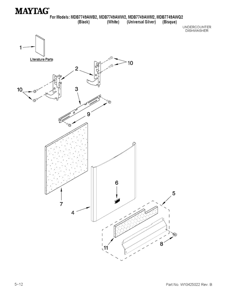 Door And Panel Parts Diagram and Parts List for MDB7749AWB2  Maytag Dishwasher
