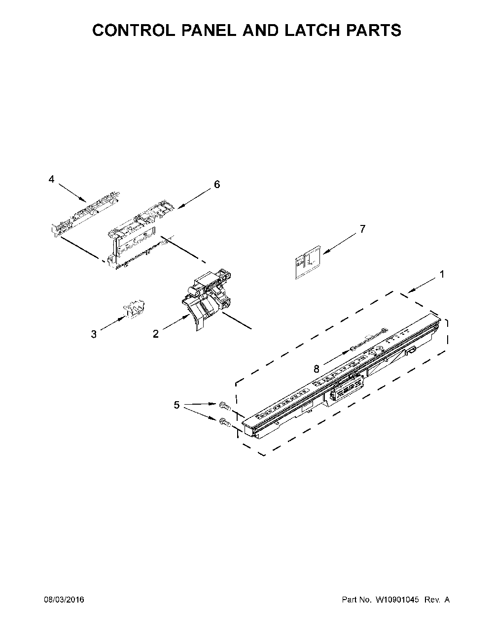 Control Panel And Latch Parts Diagram and Parts List for 66514815N611  Kenmore Dishwasher