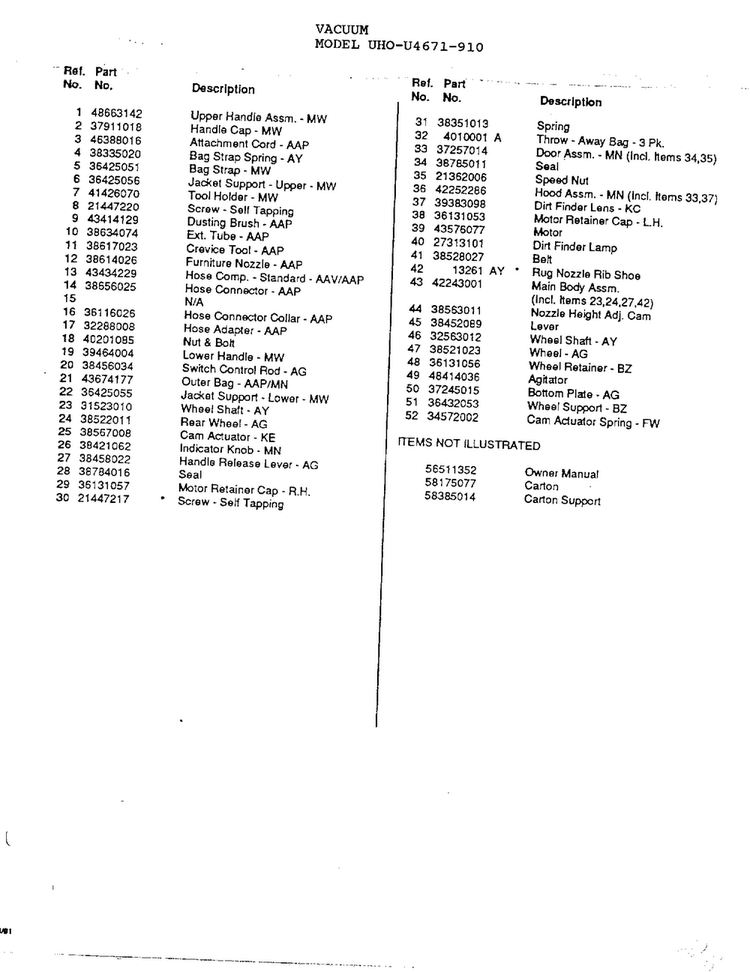 Elite Vacuum Page 2 Diagram and Parts List for U4671-910  Hoover Upright Vacuum