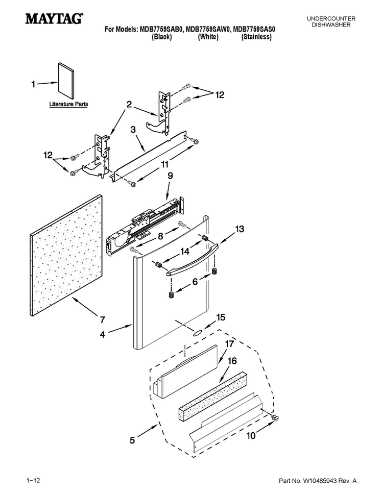 Door And Panel Parts Diagram and Parts List for MDB7759SAS0  Maytag Dishwasher