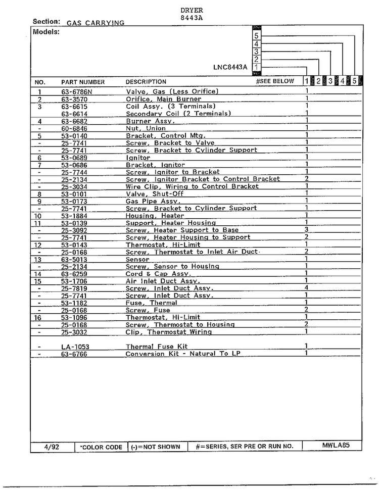 Gas Carrying Page 2 Diagram and Parts List for 8443A  Norge Dryer