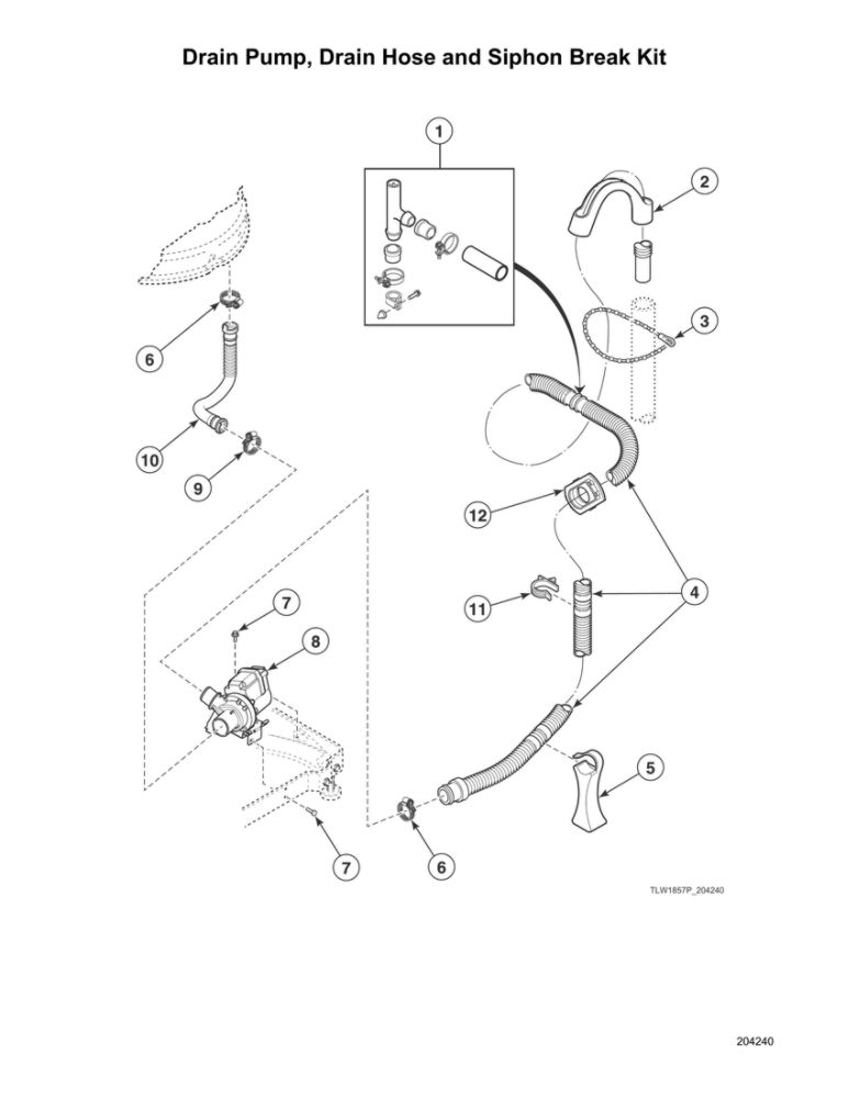 Drain Pump/Drain Hose/Siphon Break Kit Diagram and Parts List for AWNE9RSN115TW01  Speed Queen Washer