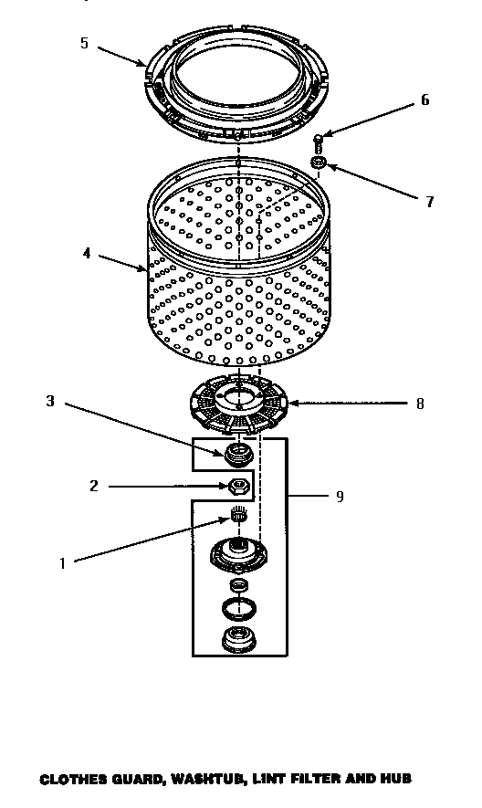 Clothes Guard, Washtub, Lint Filter & Hub Diagram and Parts List for CW3502L P1163208WL Amana Washer