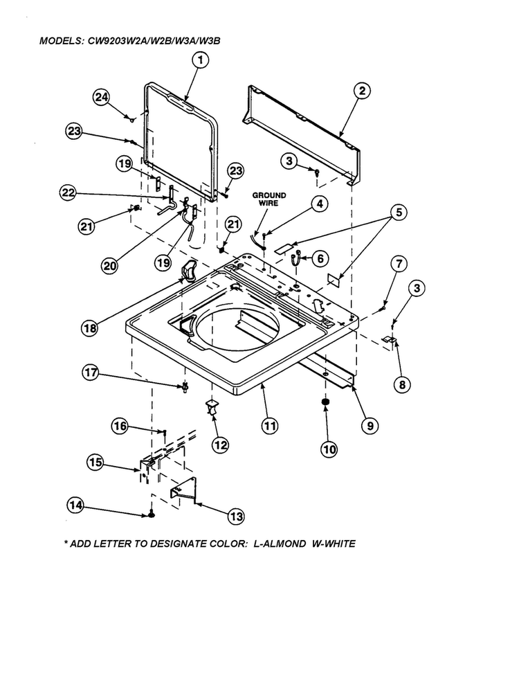 Cabinet Top/control Hood Rear Panel Diagram and Parts List for CW9203W3-PCW9203W3A  Amana Washer