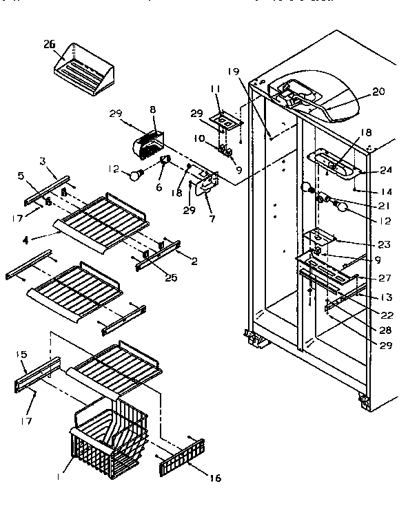Freezer Shelving Diagram and Parts List for SSD25SL-P119042WL  Amana Refrigerator