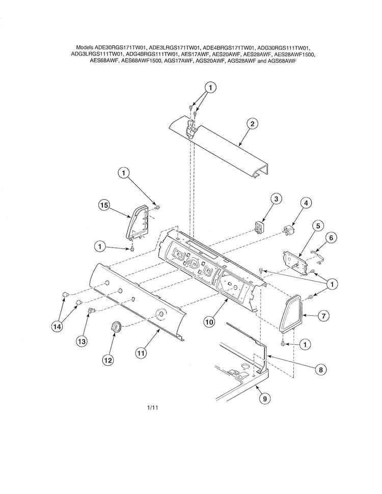 Control Panel-rear Control Diagram and Parts List for ADE30RGS171TW01  Speed Queen Dryer