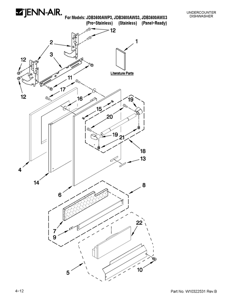 Door And Panel Parts Diagram and Parts List for JDB3600AWS3  Jenn-Air Dishwasher