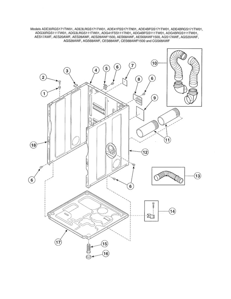 Cabinet/exhaust Duct/base-single Diagram and Parts List for ADE30RGS171TW01  Speed Queen Dryer