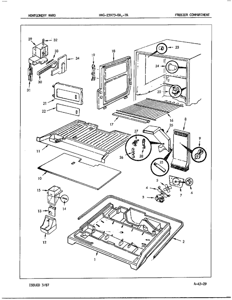 Freezer Compartment Diagram and Parts List for 23973A  Admiral Refrigerator