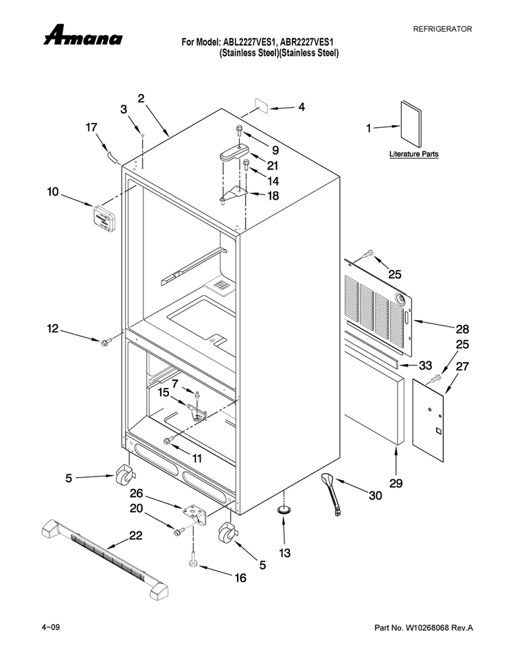 Cabinet Parts Diagram and Parts List for ABL2227VES1  Amana Refrigerator