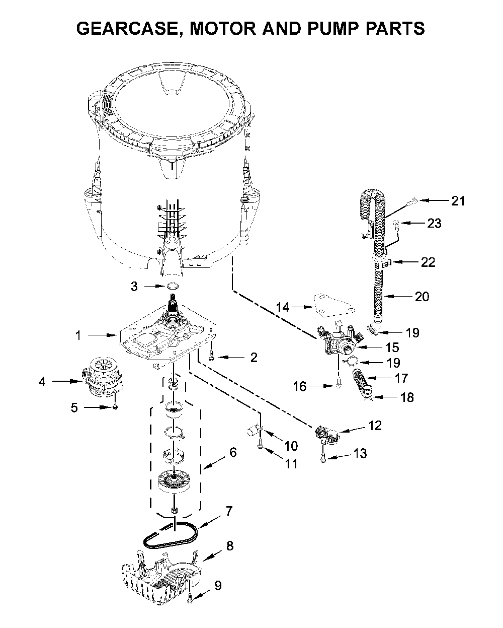 Gearcase, motor and pump parts Diagram and Parts List for MVW6230HC1  Maytag Washer