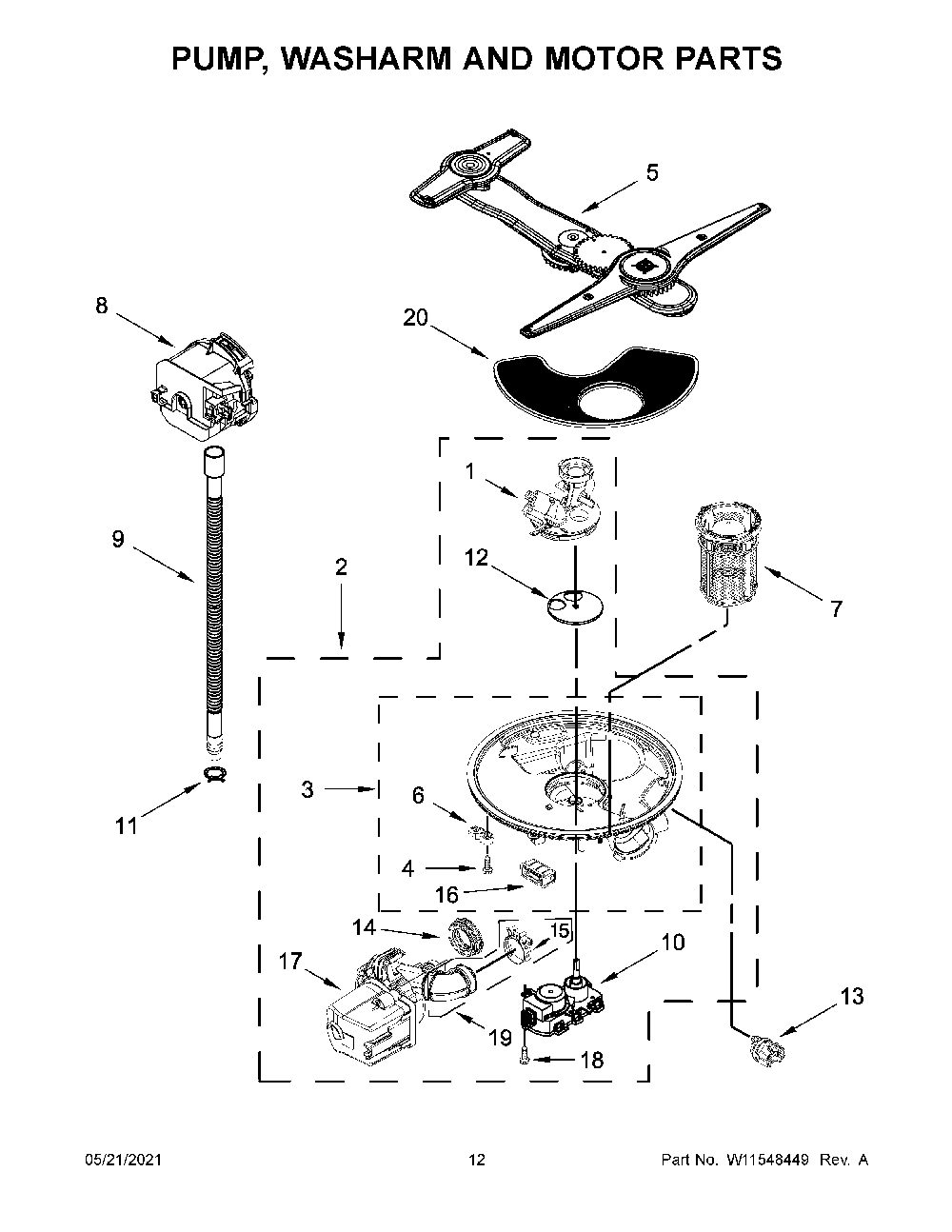 Pump, Washarm And Motor Parts Diagram and Parts List for 66514793N513  Kenmore Dishwasher
