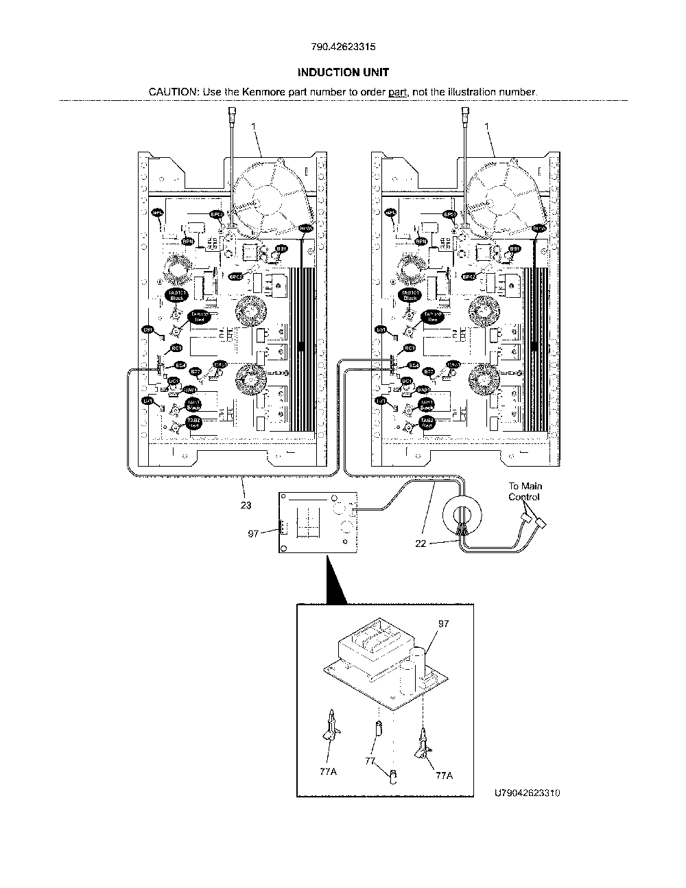 Induction Unit Diagram and Parts List for 79042623315  Kenmore Range