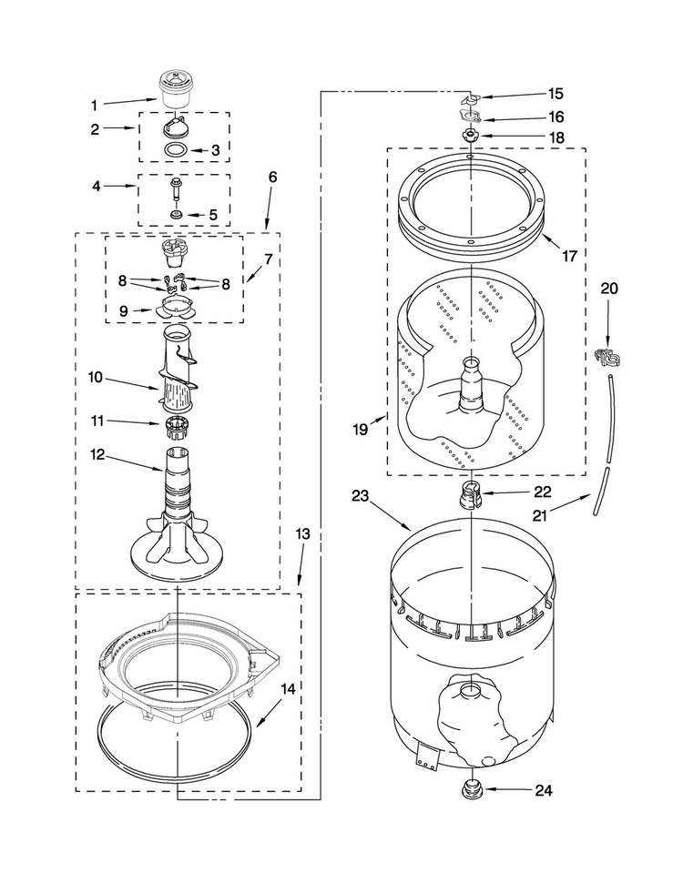 Agitator, Basket And Tub Parts Diagram and Parts List for MVWC450WW0  Maytag Washer