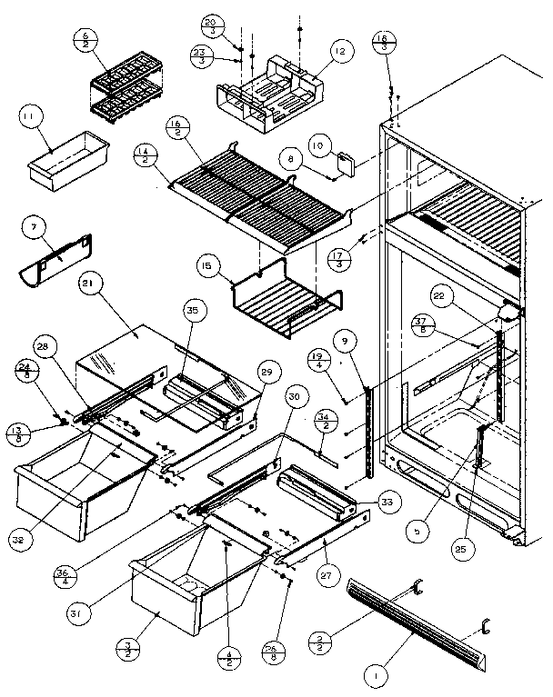 Cabinet Shelving Diagram and Parts List for TXI21R-P1168002W  Amana Refrigerator