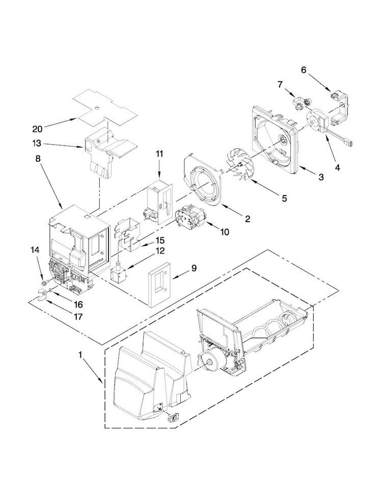 Motor And Ice Container Parts Diagram and Parts List for MFI2665XEM5  Maytag Refrigerator