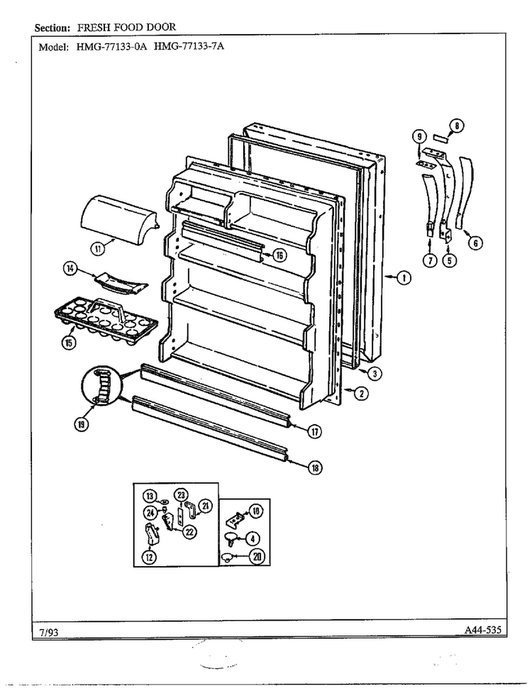 Fresh Food Door Diagram and Parts List for 77133-0A  Admiral Refrigerator