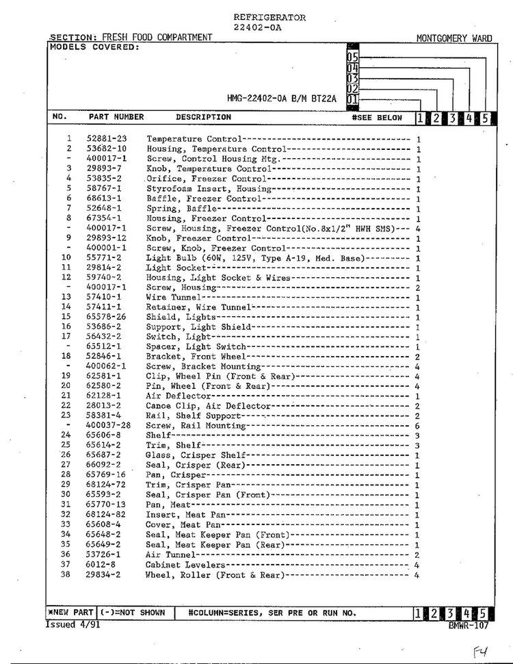 Fresh Food Compartment Page 2 Diagram and Parts List for 22402-0A  Admiral Refrigerator