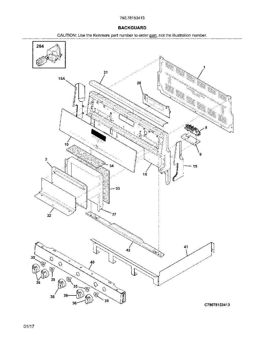 Backguard Diagram and Parts List for 79078153413  Kenmore Range