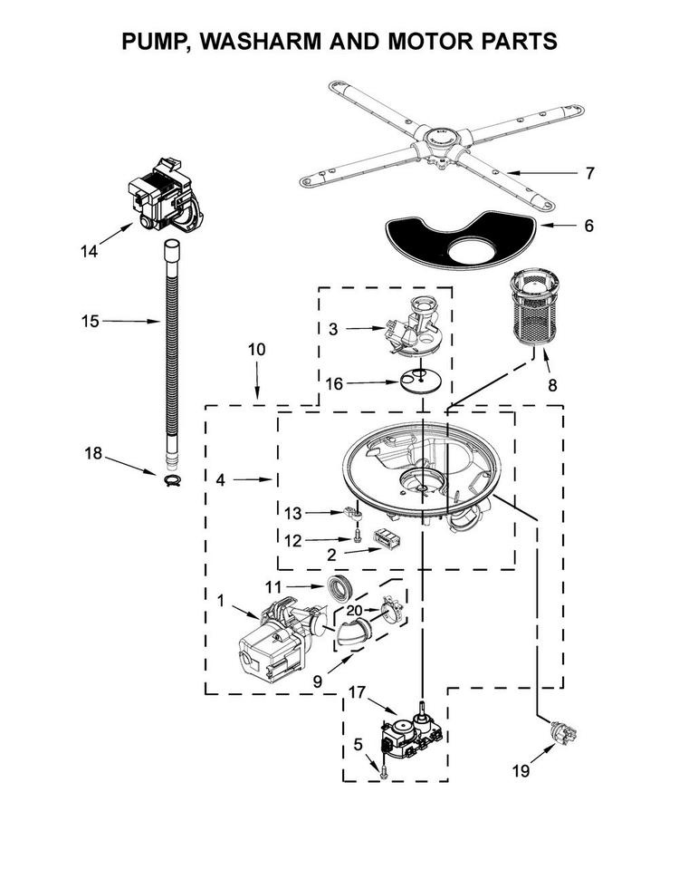 Pump, Washarm And Motor Parts Diagram and Parts List for JDB9200CWY2  Jenn-Air Dishwasher