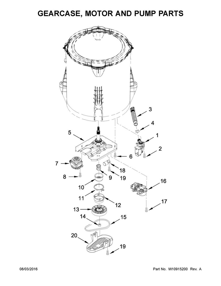 Gearcase, Motor And Pump Parts Diagram and Parts List for CAW8350EW2  Crosley Washer