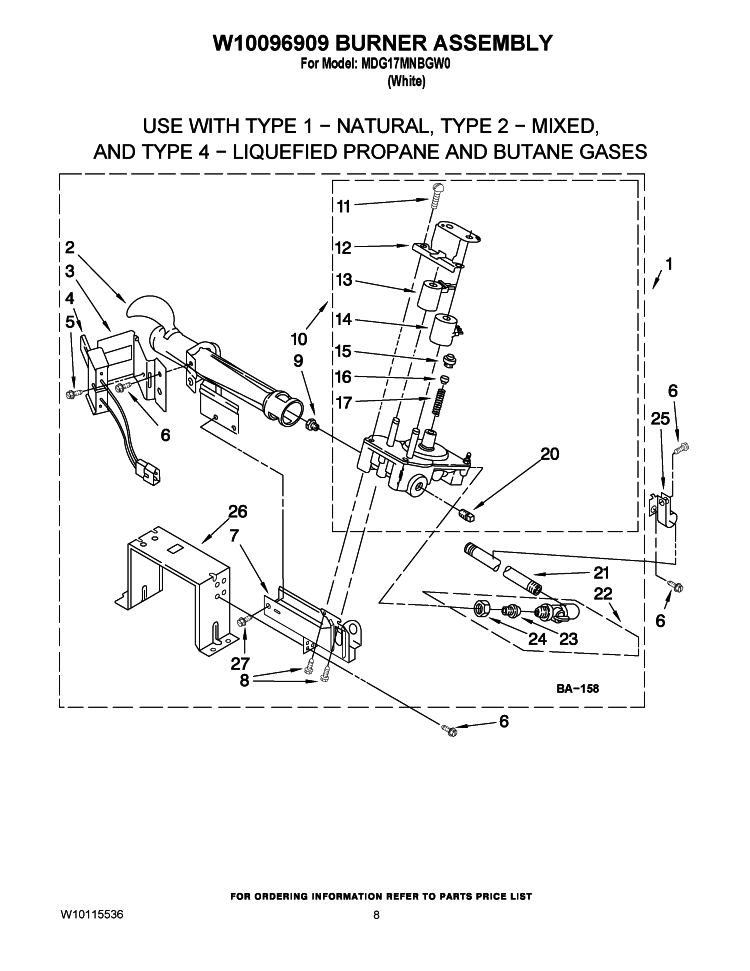 W10096909 BURNER ASSEMBLY Diagram and Parts List for MDG17MNBGW0  Maytag Dryer