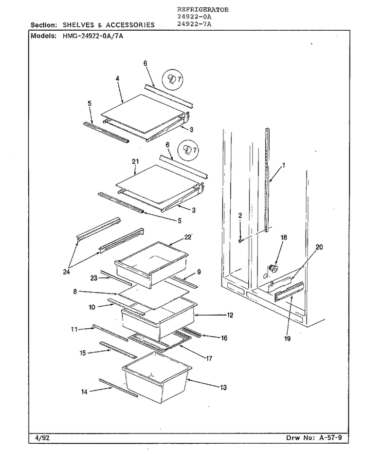 Shelves And Accessories Diagram and Parts List for 24922-0A  Admiral Refrigerator