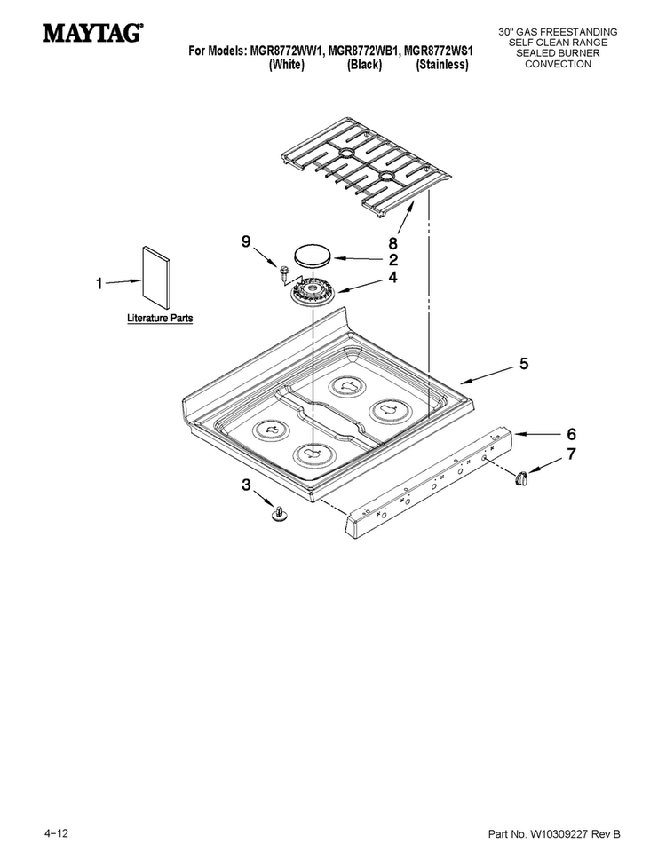 Cooktop Parts Diagram and Parts List for MGR8772WB1  Maytag Range