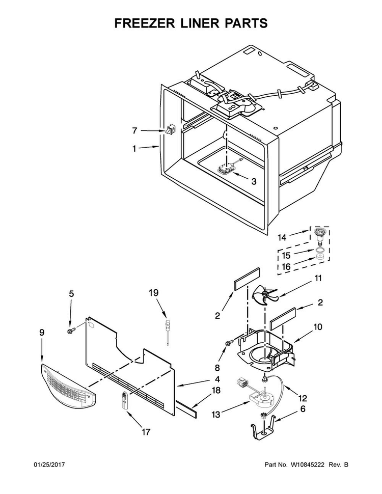 Freezer Liner Parts Diagram and Parts List for MFT2778EEZ01  Maytag Refrigerator