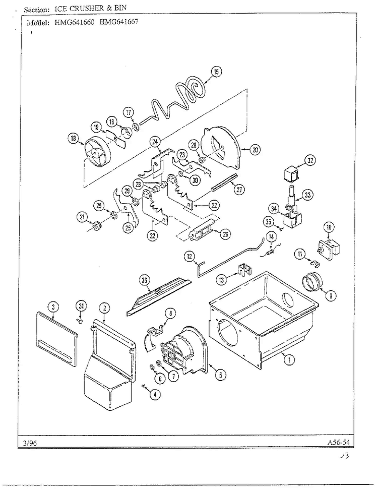 Ice Crusher/bin Diagram and Parts List for HMG641667  Admiral Refrigerator