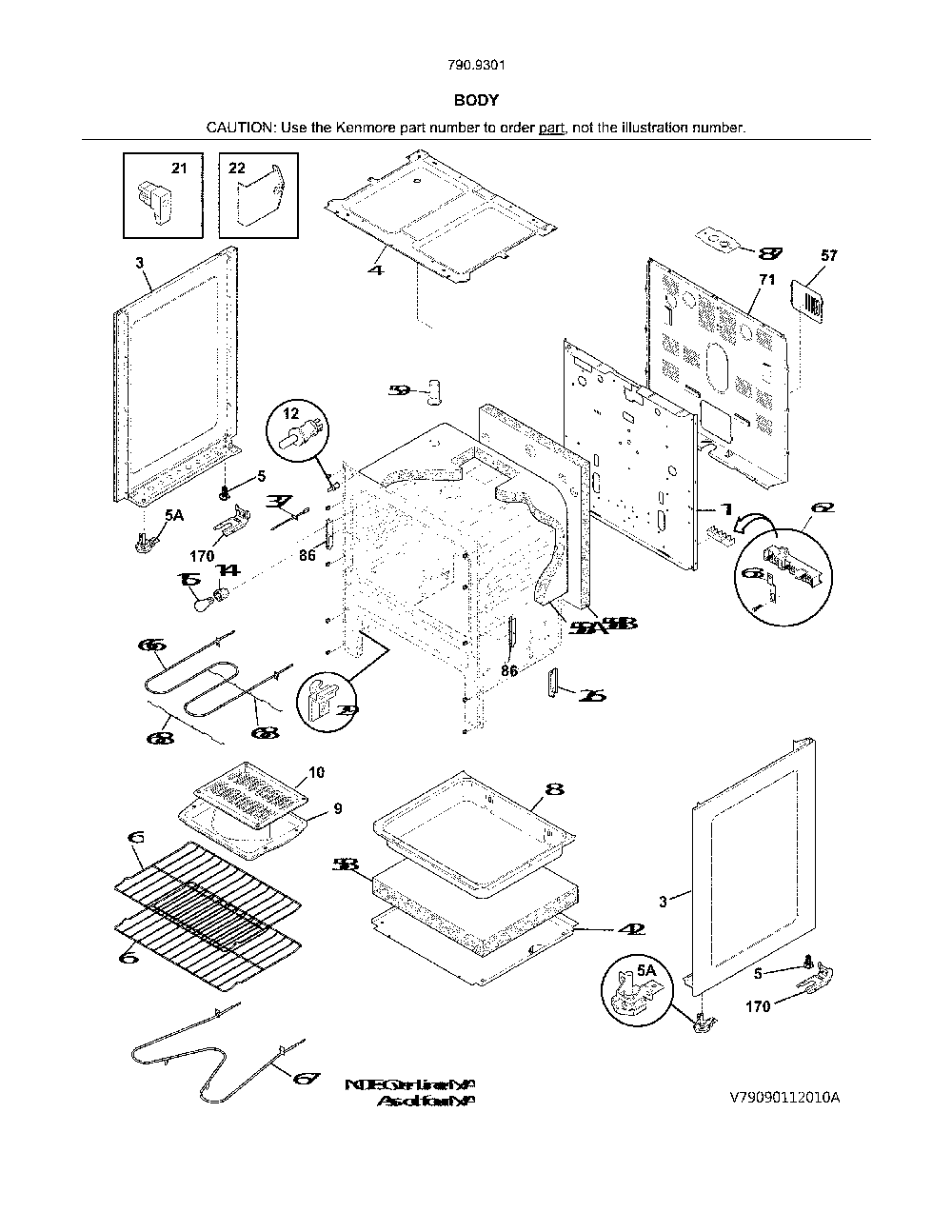 Body Diagram and Parts List for 79093012313  Kenmore Range