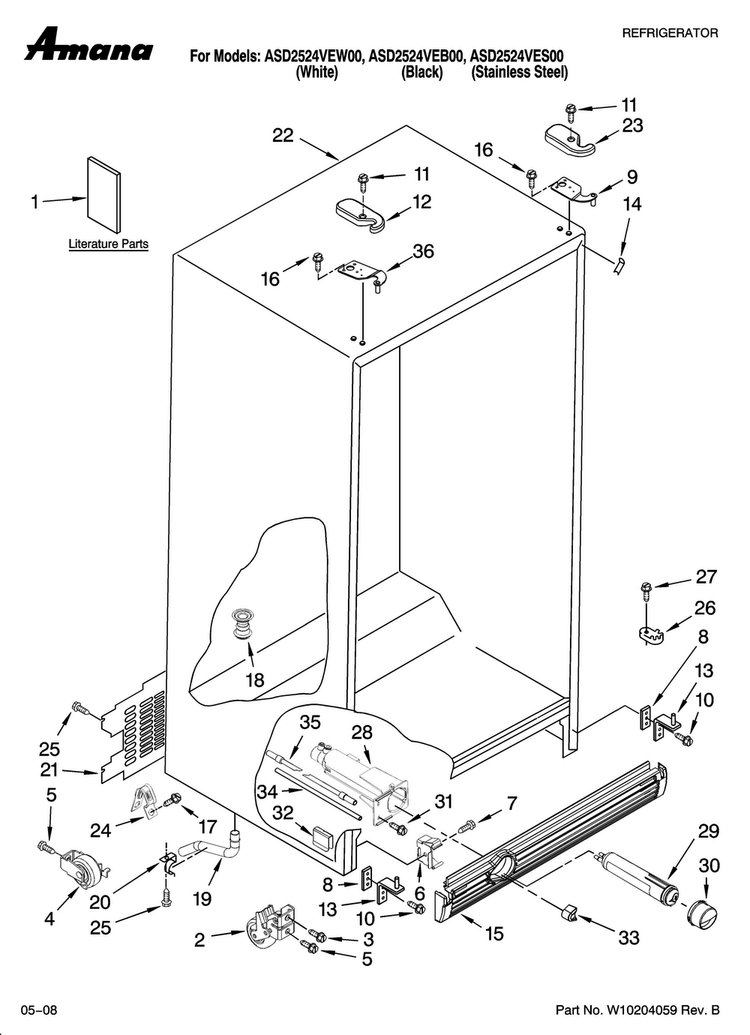 Cabinet Parts Diagram and Parts List for ASD2524VEB00  Amana Refrigerator