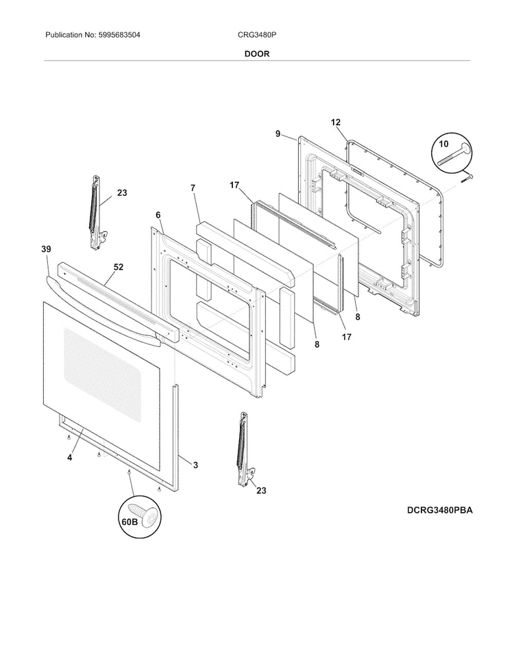 Door Diagram and Parts List for CRG3480PWC  Crosley Range