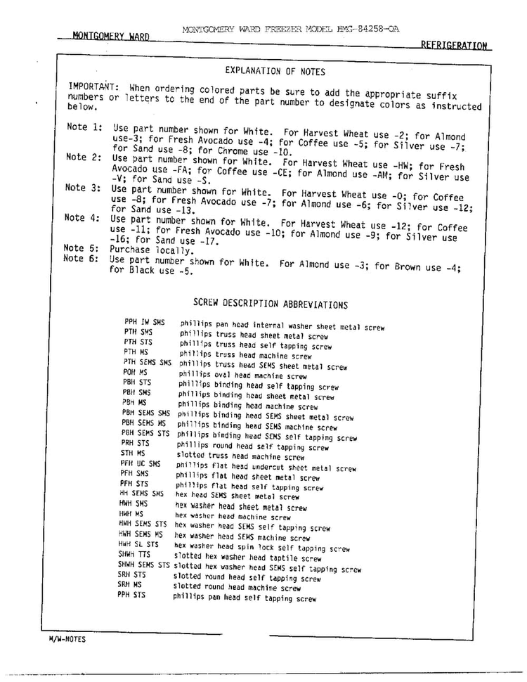 Explanation Of Notes Diagram and Parts List for 84258-OA  Admiral Freezer