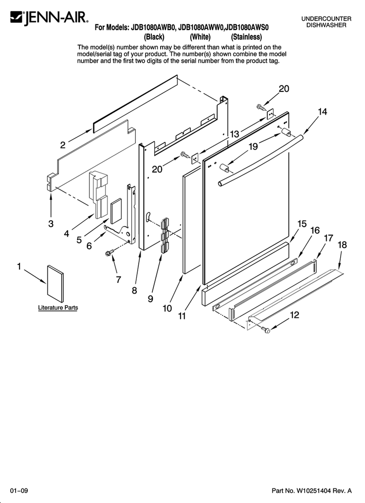 Door And Panel Parts Diagram and Parts List for JDB1080AWB0  Jenn-Air Dishwasher