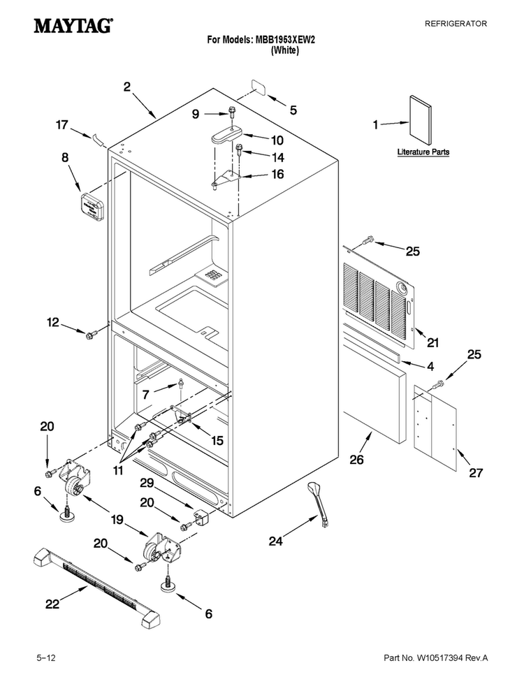 Cabinet Parts Diagram and Parts List for MBB1953XEW2  Maytag Refrigerator